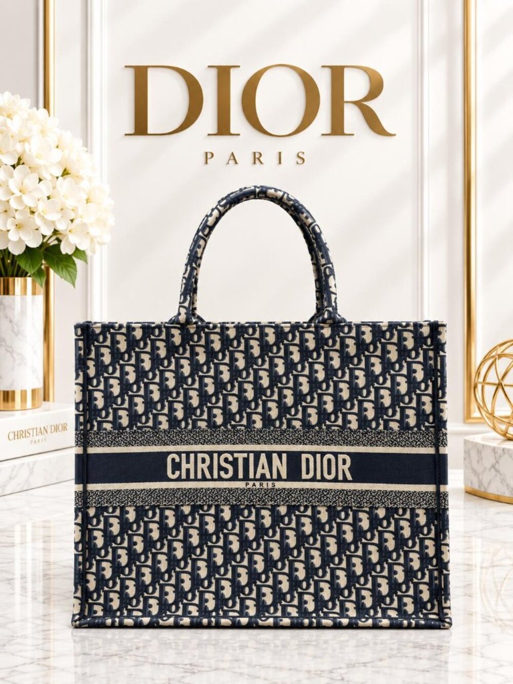 Authentic Dior Large Book Tote Navy Oblique Embroidery Bag